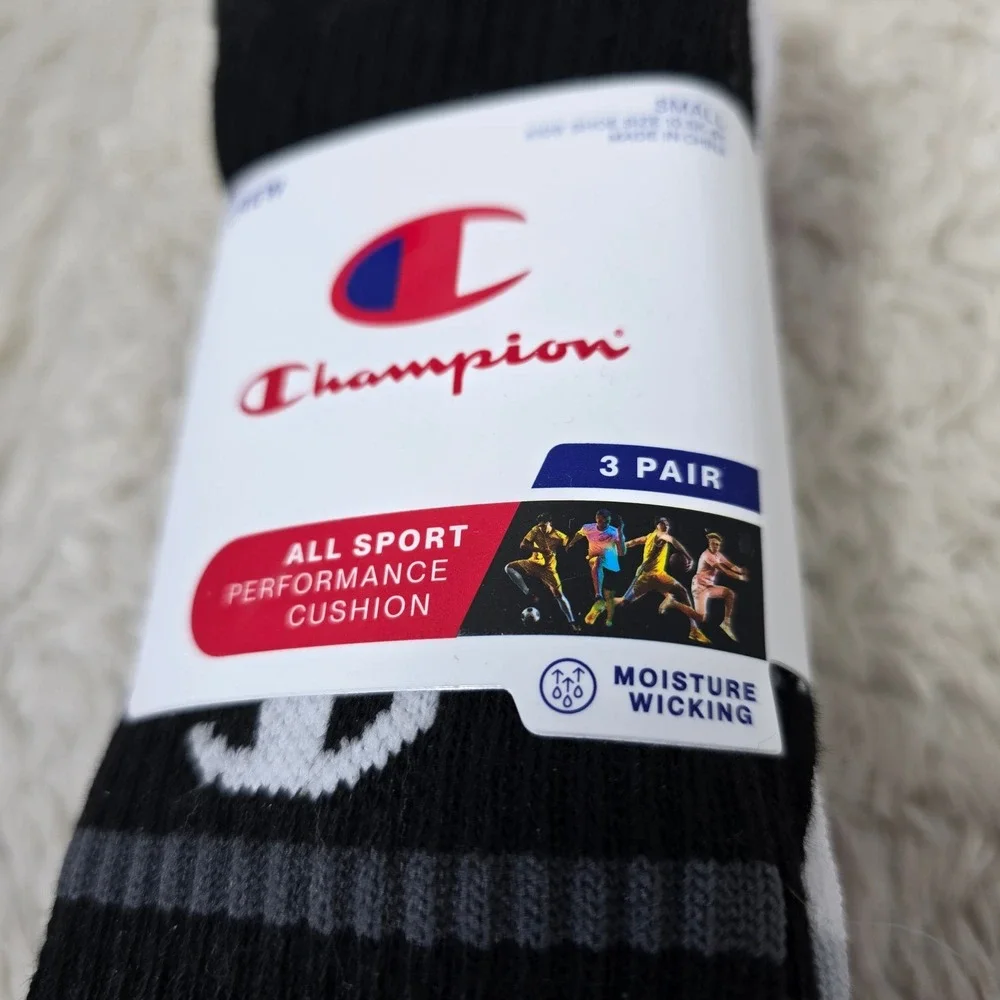 Champion Crew Socks Kids Small Black Red White 3 Pair Performance 10.5K-4Y‎ New